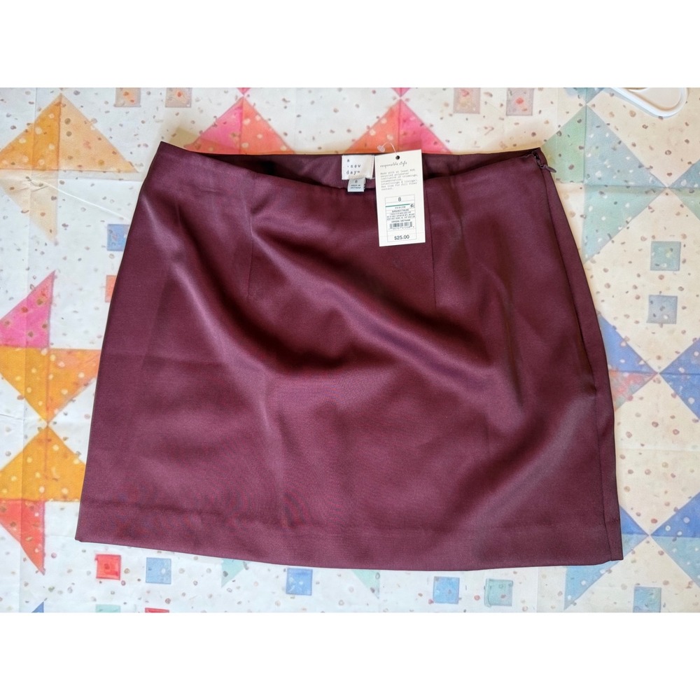 A New Day Burgundy Mini Skirt Size 8 Satin Finish Recycled Polyester Deep Red